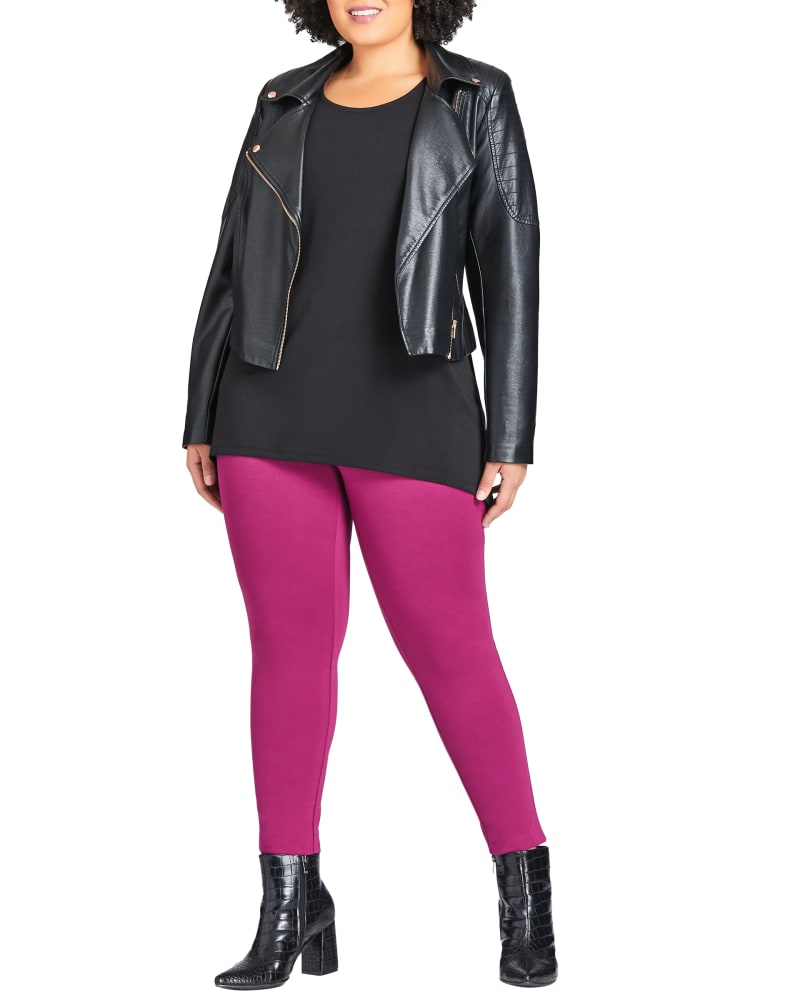 Front of a model wearing a size 0X Willa Ponte Pant in Plum by avenue. | dia_product_style_image_id:234490